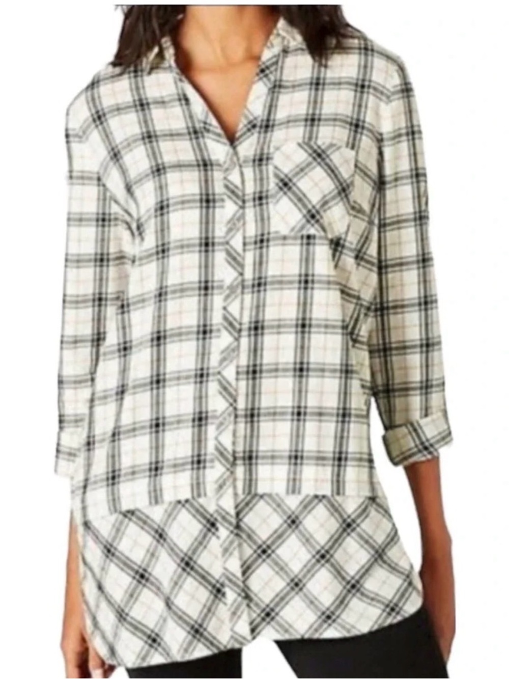 J.Jill White Black Plaid Layered Hem Button Down Shirt Tunic Cotton Oversized L